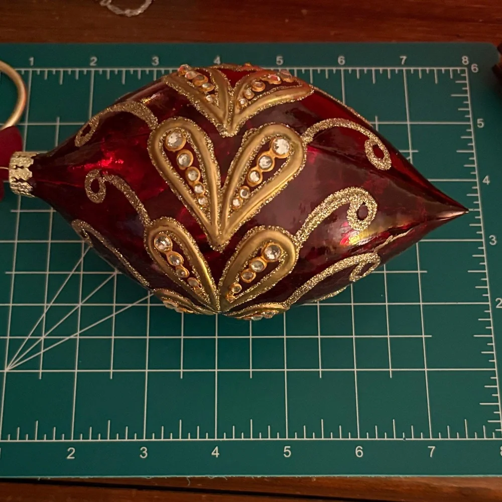Holiday Glass Teardrop Ornament in Red with Gold Accents